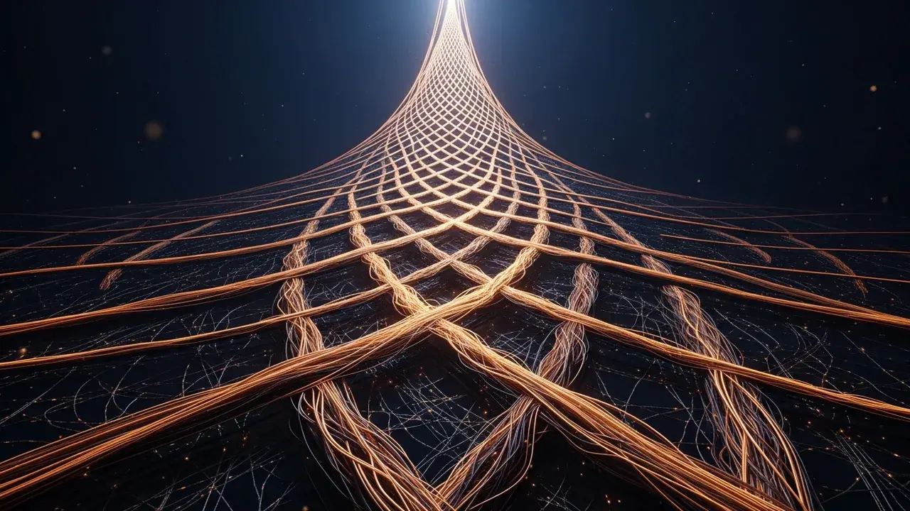 A swirling, luminous tapestry of interwoven threads, with some brighter and others faint, converging towards a single point of light.
