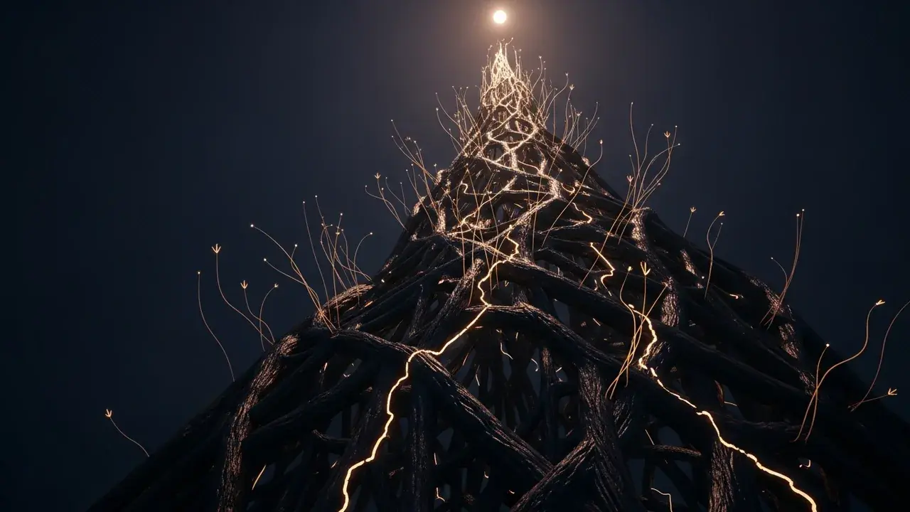 A dark, fractured organic structure grows towards a light source, with new delicate tendrils emerging from its cracks and fissures.