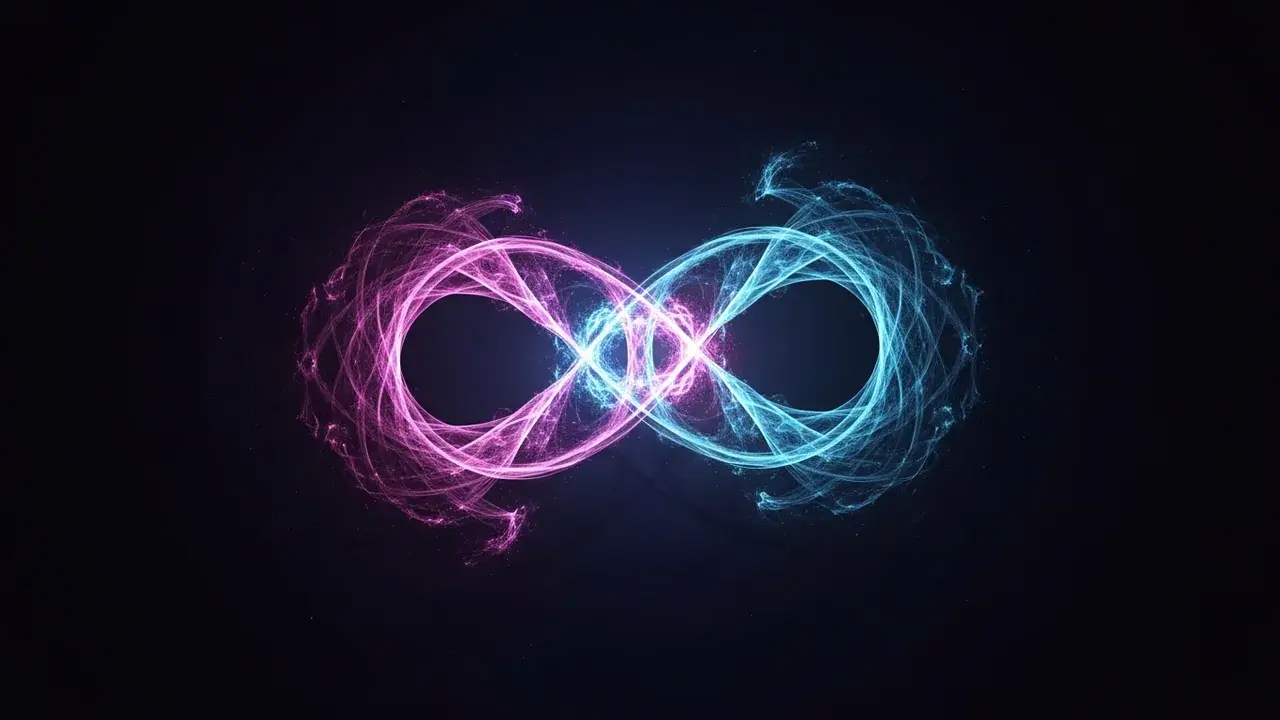 Two glowing, intricate light patterns interweaving in a dark, ethereal space, symbolizing telepathy.