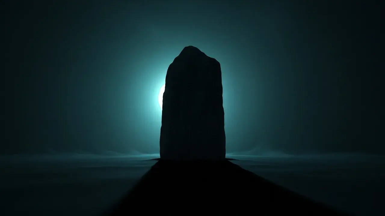 A dark, featureless monolith stands against a subtly turbulent void, casting a long shadow.
