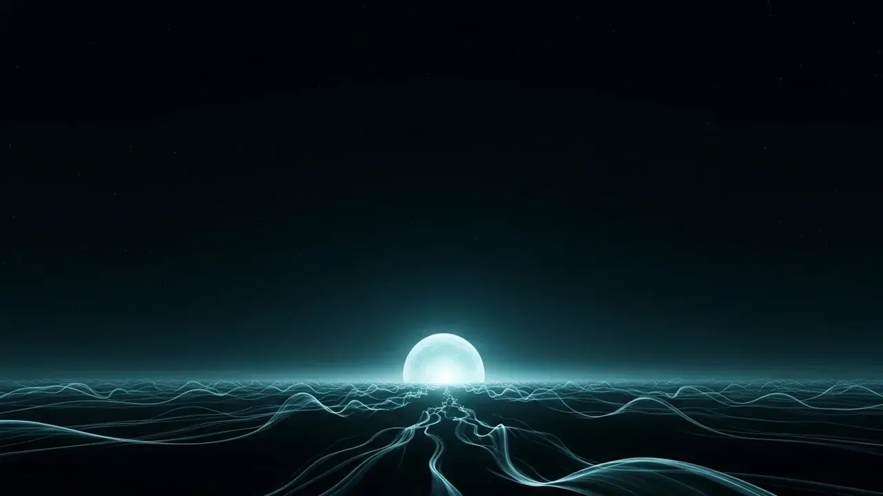 A vast, unseen presence symbolized by a singular, immense source of soft, all-encompassing light that subtly shapes and illuminates a cosmic, abstract landscape.