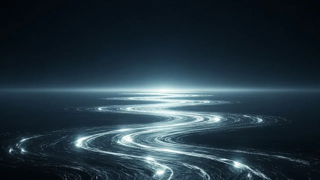 A symbolic illustration of time as a flowing river of light, moving through a dark, still cosmos, representing its real and organizing nature.